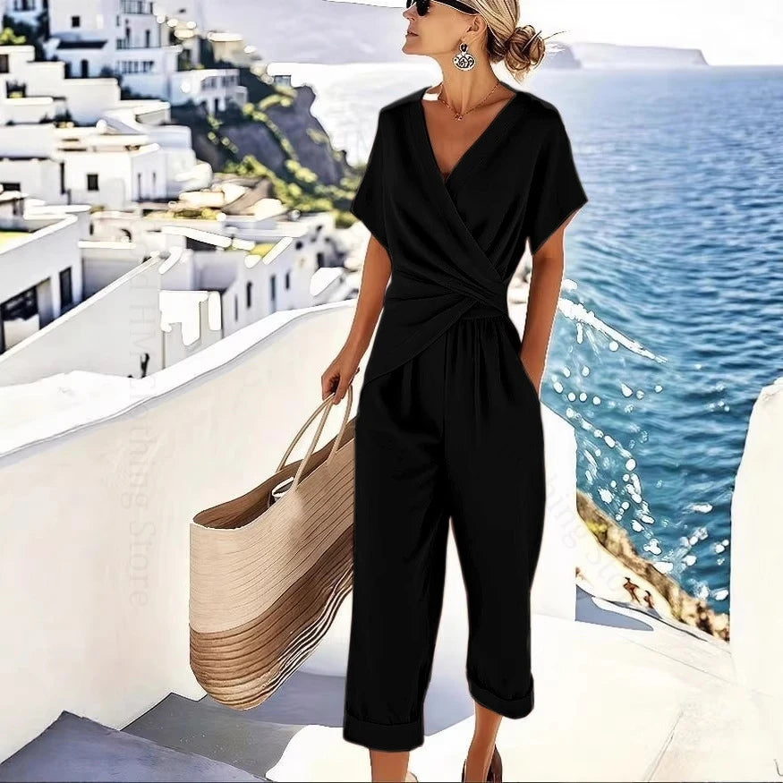 Summer Fashion Solid Women's Two Pieces Set Elegant V Neck Slim Office Suit Casual Pleated Irregular Top And Pants Female Outfit
