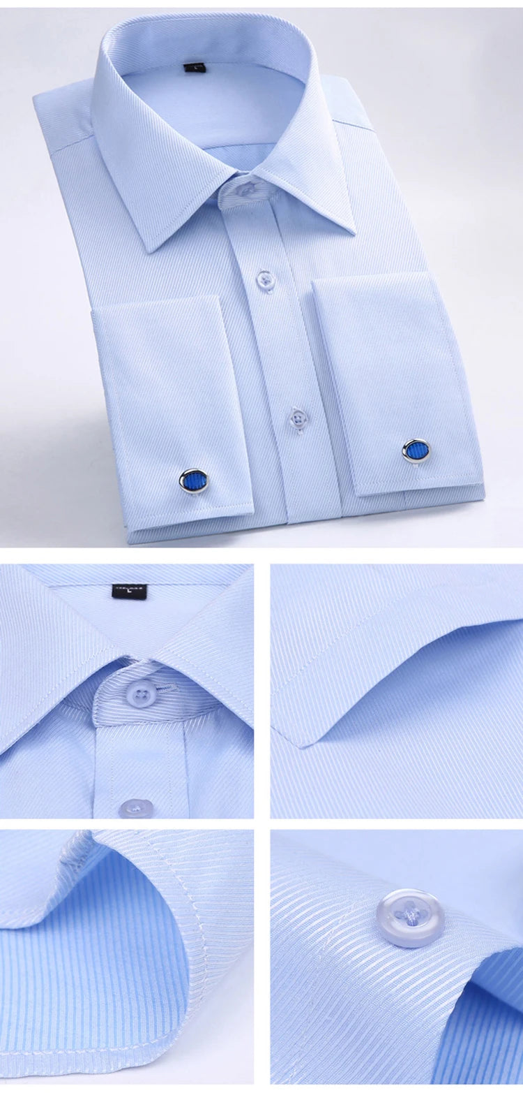 Men's Classic French Cuffs Striped Dress Shirt Single Patch Pocket Standard-fit Long Sleeve Wedding Shirts (Cufflink Included)