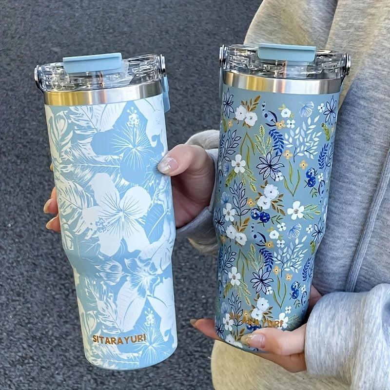 1pc Lightweight Luxury Floral Stainless Steel Thermos Flask 900ML Large Capacity Outdoor Water Bottle with Straw and Handle