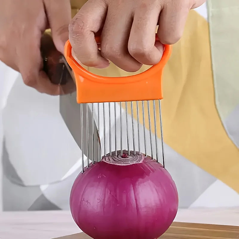 Stainless Steel Onion Cutter Holder Food Slicers Assistant Tomato Onion Slicer Holder Vegetables Cutting Fork Kitchen Gadgets
