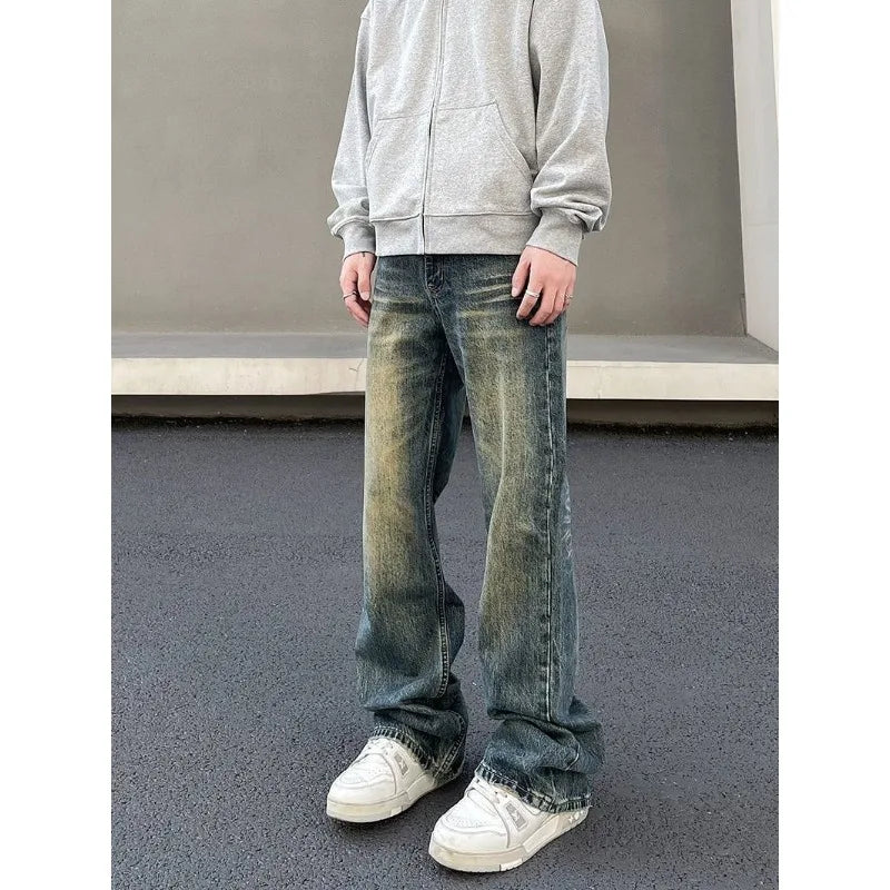 Mens Vintage Washed Distressed Loose Flare Denim Jeans