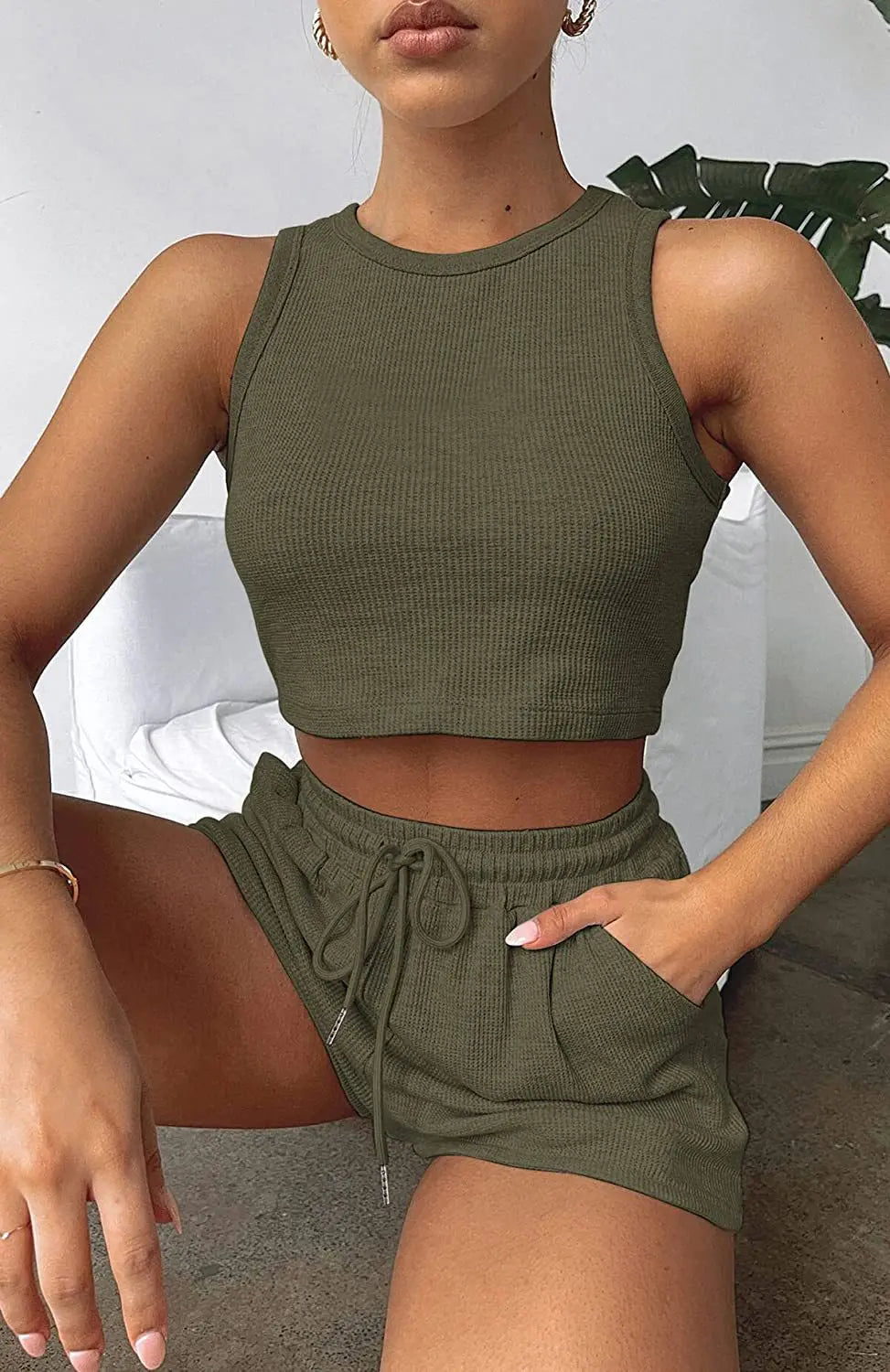 Women Shorts Outfit Solid Sleeveless Ribbed Crop Tank And Drawstring Shorts Casual Tracksuit Workout Set 2 Piece Lounge Set