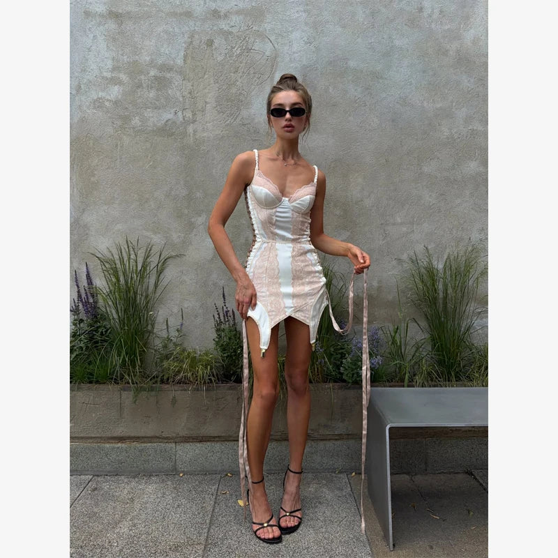 Women Satin Dress Sexy Lace Fishbone Waist Slim Fit Hollowed Out Irregular Short Suspender 2026 Summer Party Street Daily Outfit