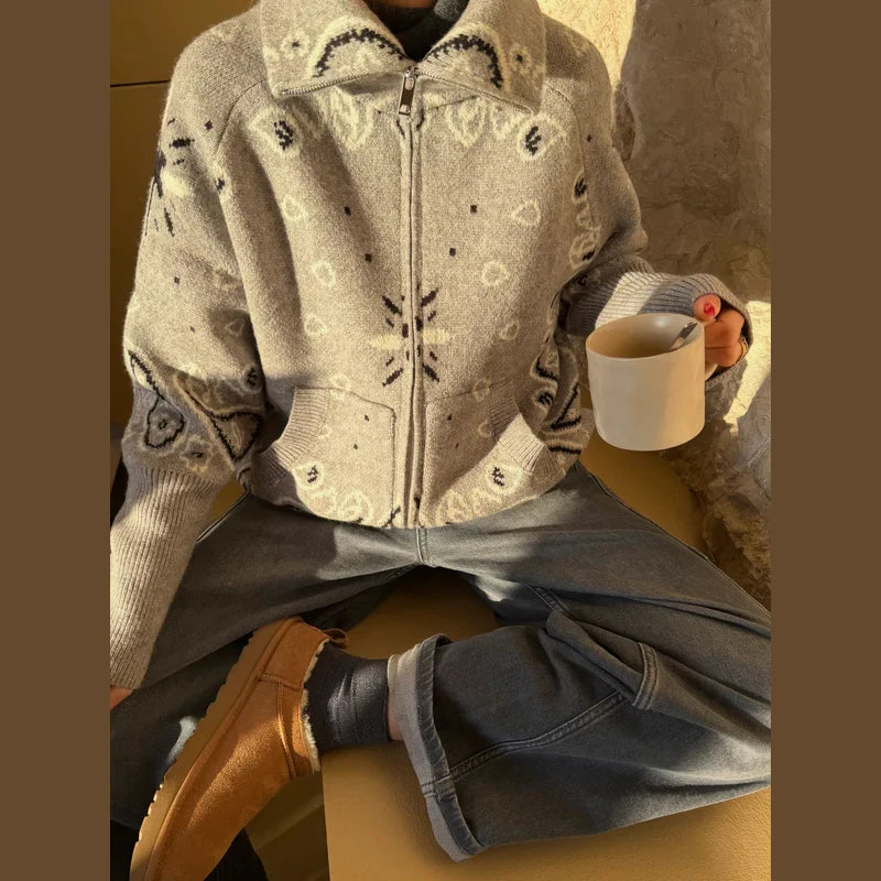 Elegant Knitted Print Women's Cardigan Loose Full Sleeve Stand Collar Zipper Sweaters Female 2026 Autumn Outwear Pockets Lady