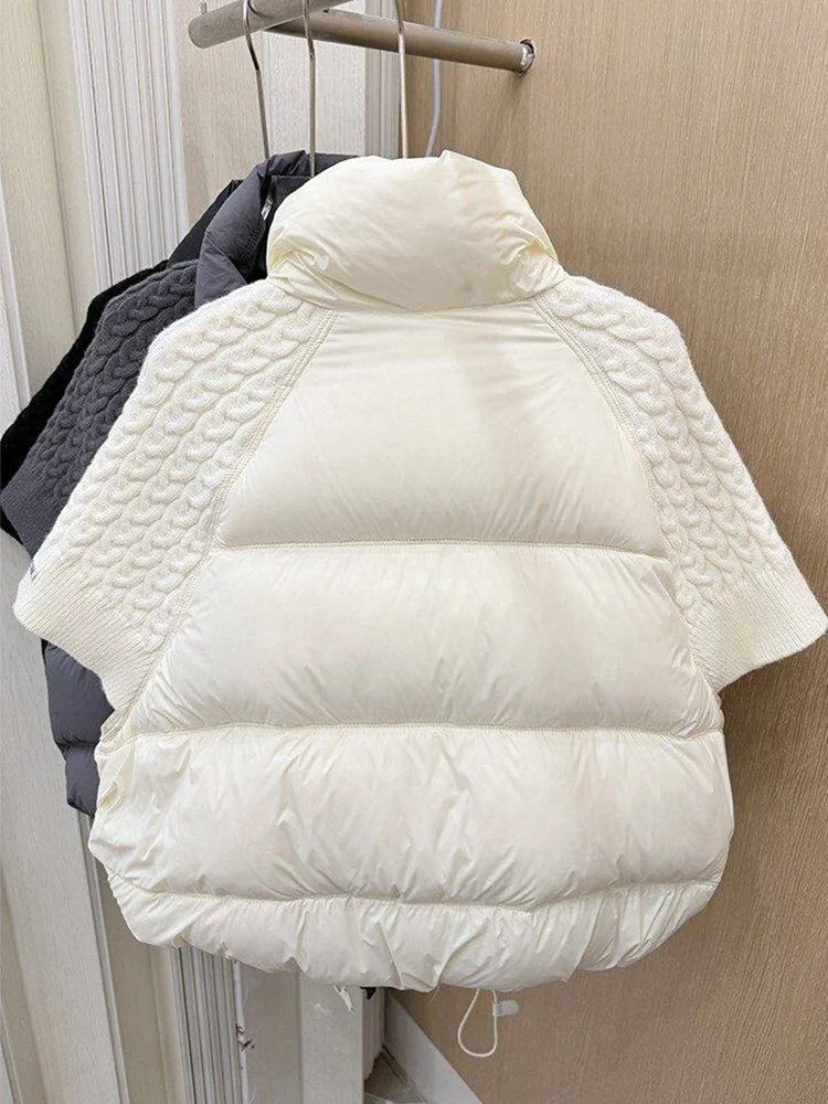 Janveny 2026 New Winter Turtleneck White Duck Down Vest Women Patchwork Knitted Warm Drawstring Short Soft Puffer Down Waistcoat