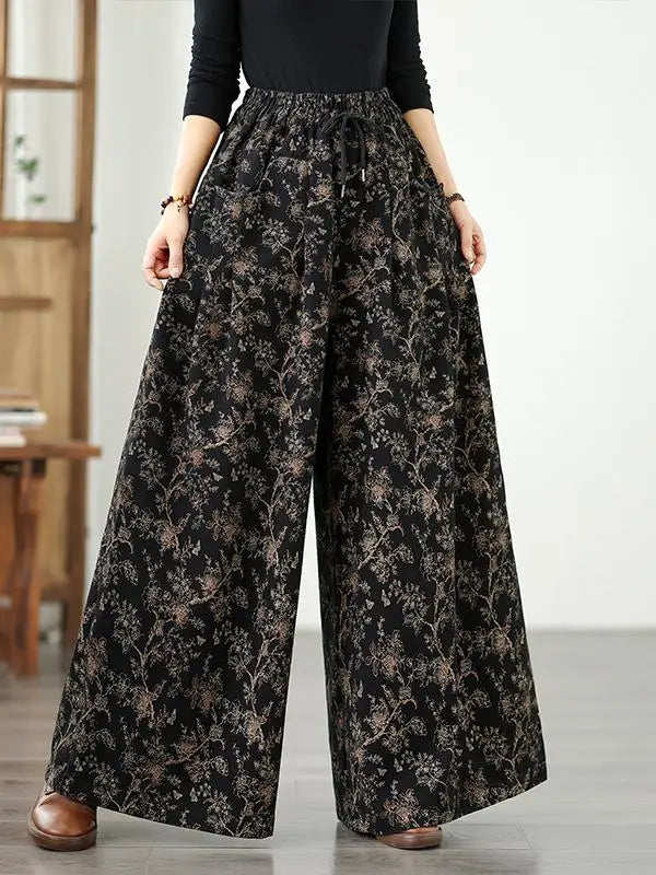 Denim Wide-leg Pants For Women 2025 Autumn New Style Printed Elastic Waist Loose Oversized Casual Denim Straight Pants
