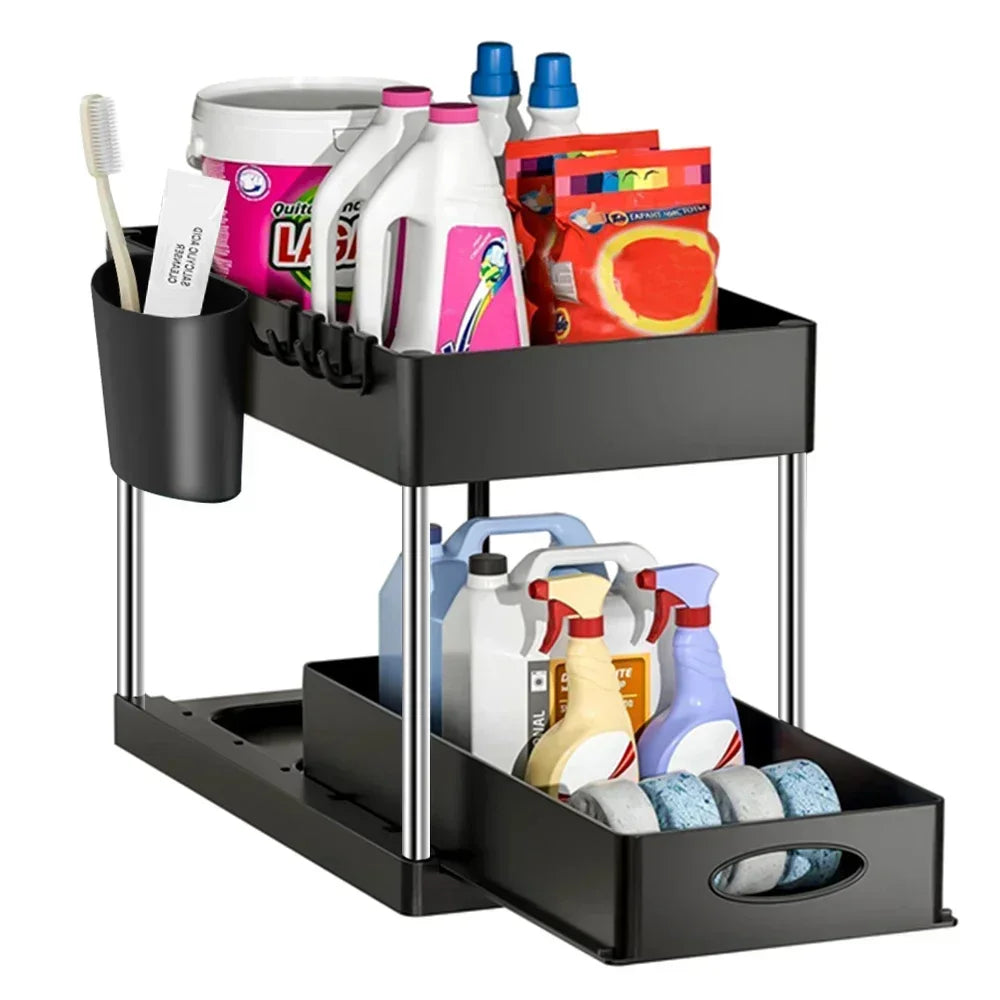 Kitchen Bathroom Under Sink Organizer 2-Tier Sliding Storage Basket Multipurpose Shelf with Hanging Cup and Hook Accessories