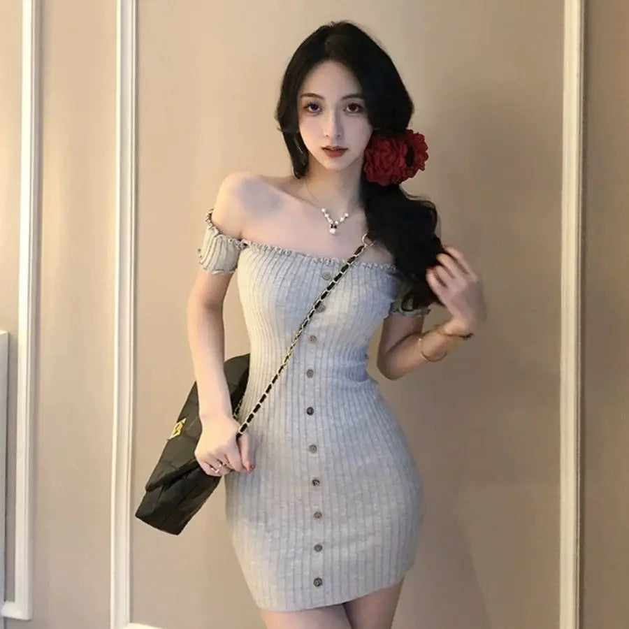 Women Pink Off Shoulder Short Sleeve Bodycon Dress Button Decor Slim Fit Party Mini Dress