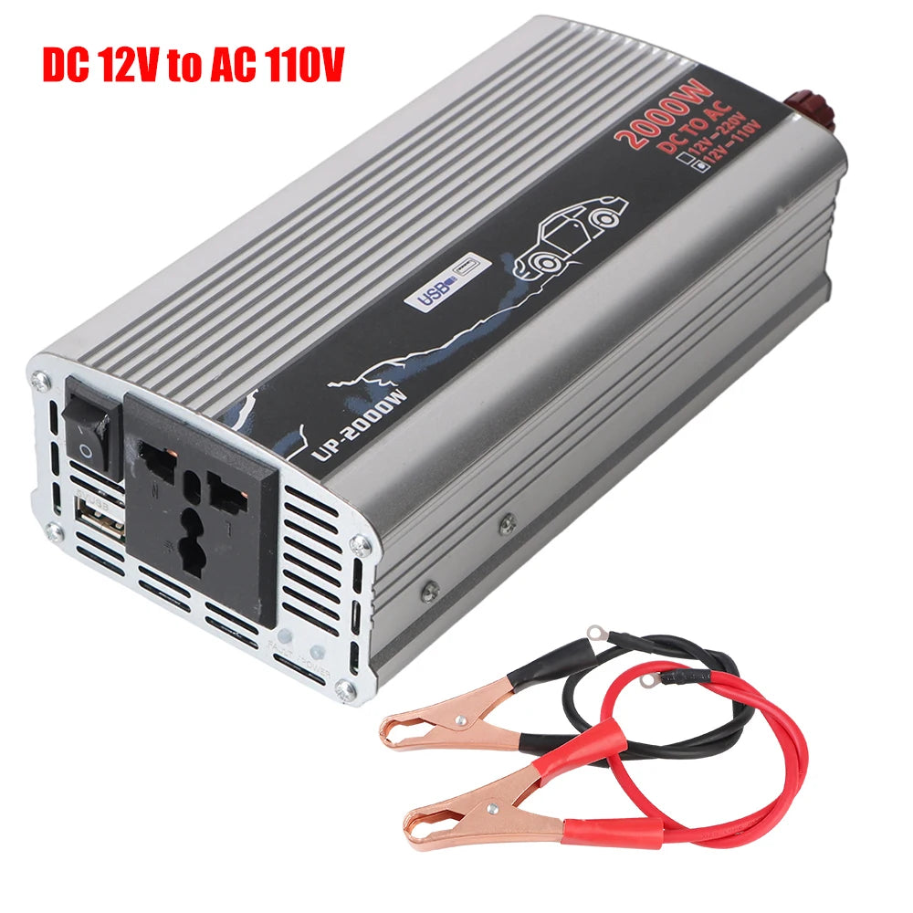 2000W DC/AC Inverter 12V To 110V 220V AC Power Socket With USB Charger Switch Car Inverter Solar Power Storage Battery Converter
