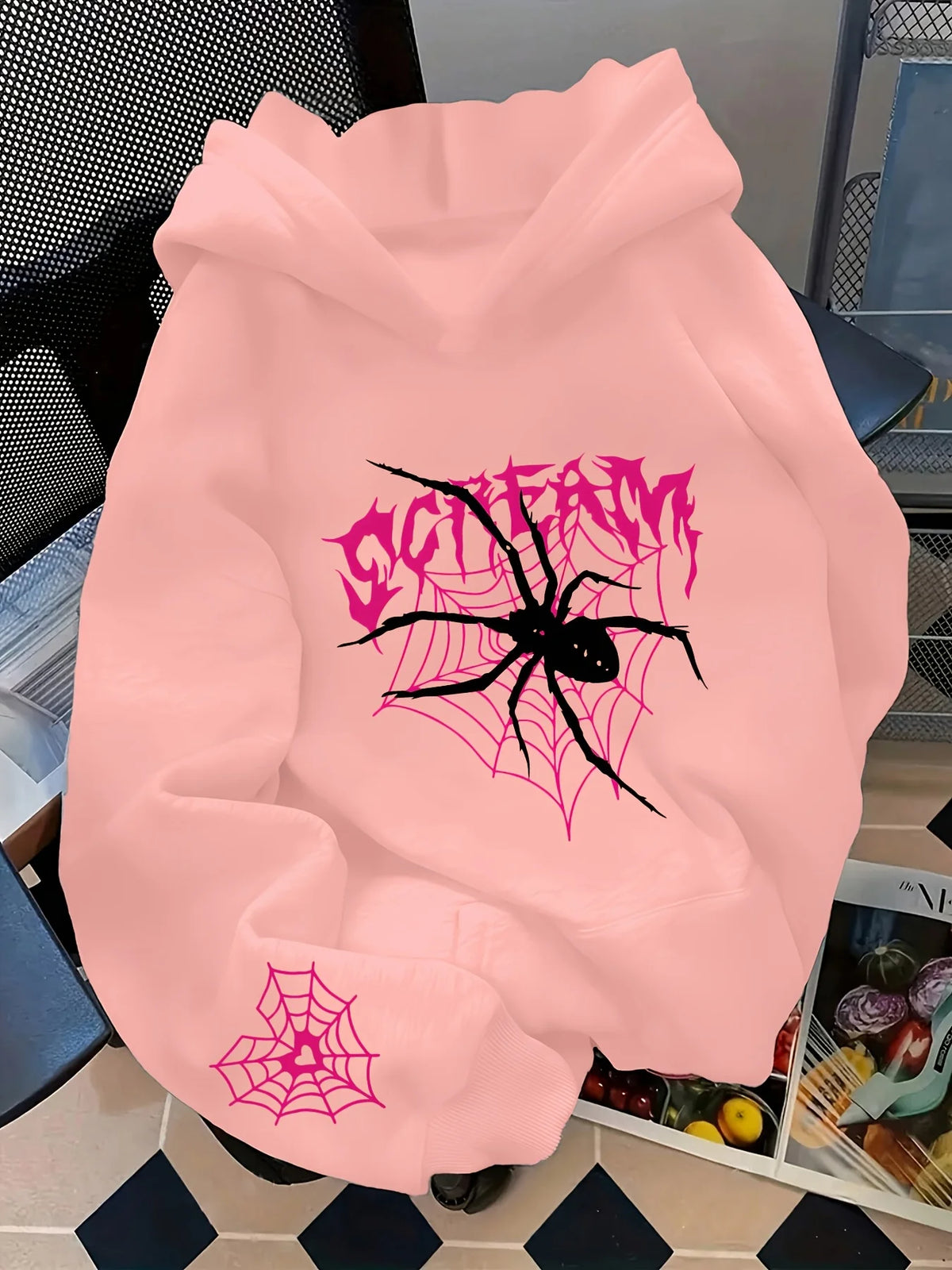 Men's Gothic Spider Print Hoodie Hip Hop Sports Casual Streetwear Pink Graffiti Pullover Sweatshirt Tops
