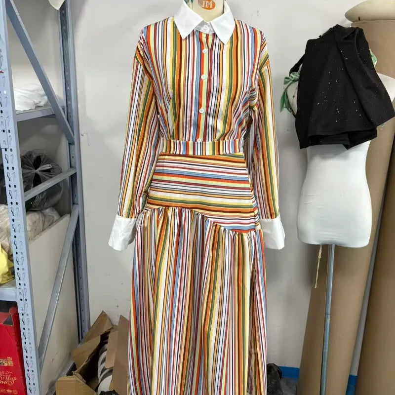 Multicolor Striped Shirt 2 Picec Set Button Front Blouse High Waist Flared Hem Maxi Skirt 2026 Summer Elegant Lady Vacation Suit