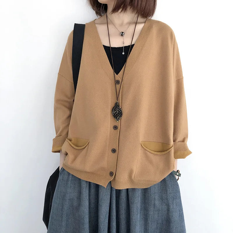 Johnature Women Cardigan Sweaters Solid Color Loose V-Neck Long Sleeve Coats 2025 Autumn New Button Pockets Female Sweaters