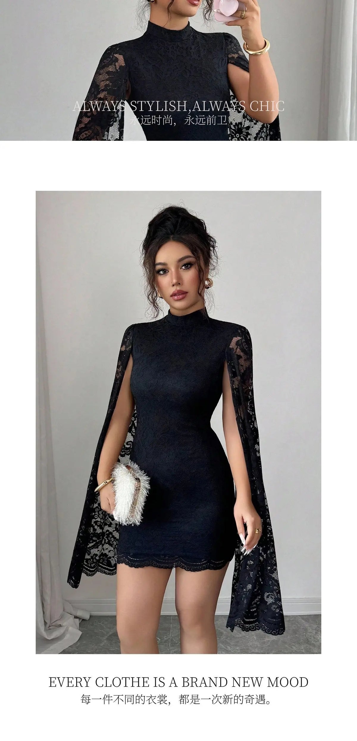 2025 New Women Mini Dress Fashion Lace Stand Collar Long Sleeves With Slits Bodycon Dress Sexy Nightclub Party Prom Slimmin Gown
