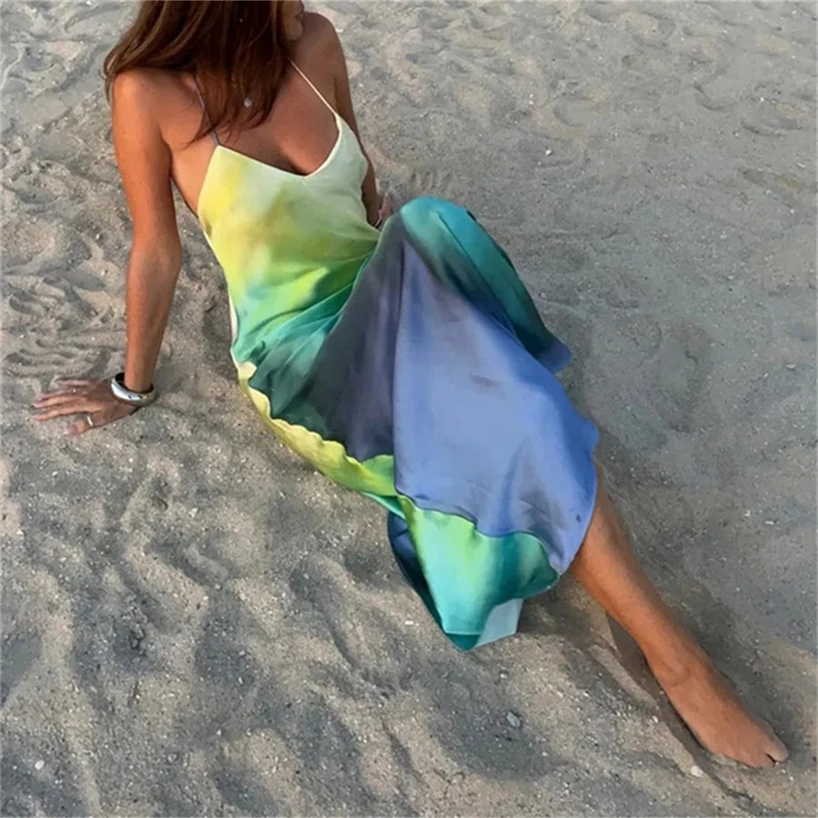 Puloru Gradient Color Summer Cami Long Dress Sexy Backless Cross Spaghetti Strap V-Neck Wrap Party Dress for Beach Nightclub