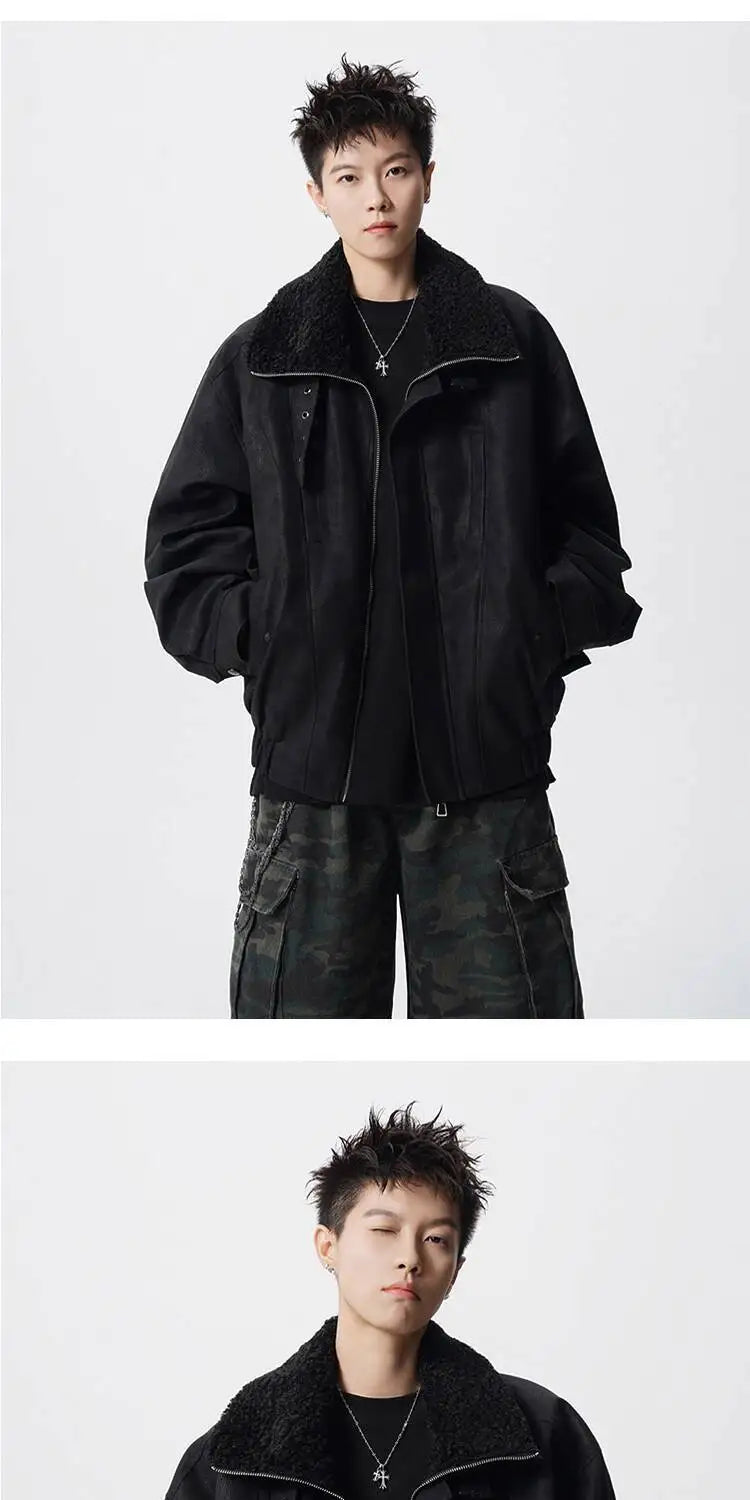 WTHT Fashion Men‘s Plush Spliced Thicken Design Loose Coats Trendy 2025 Autumn Solid Color Laple Casual Jackets Male 2A2218