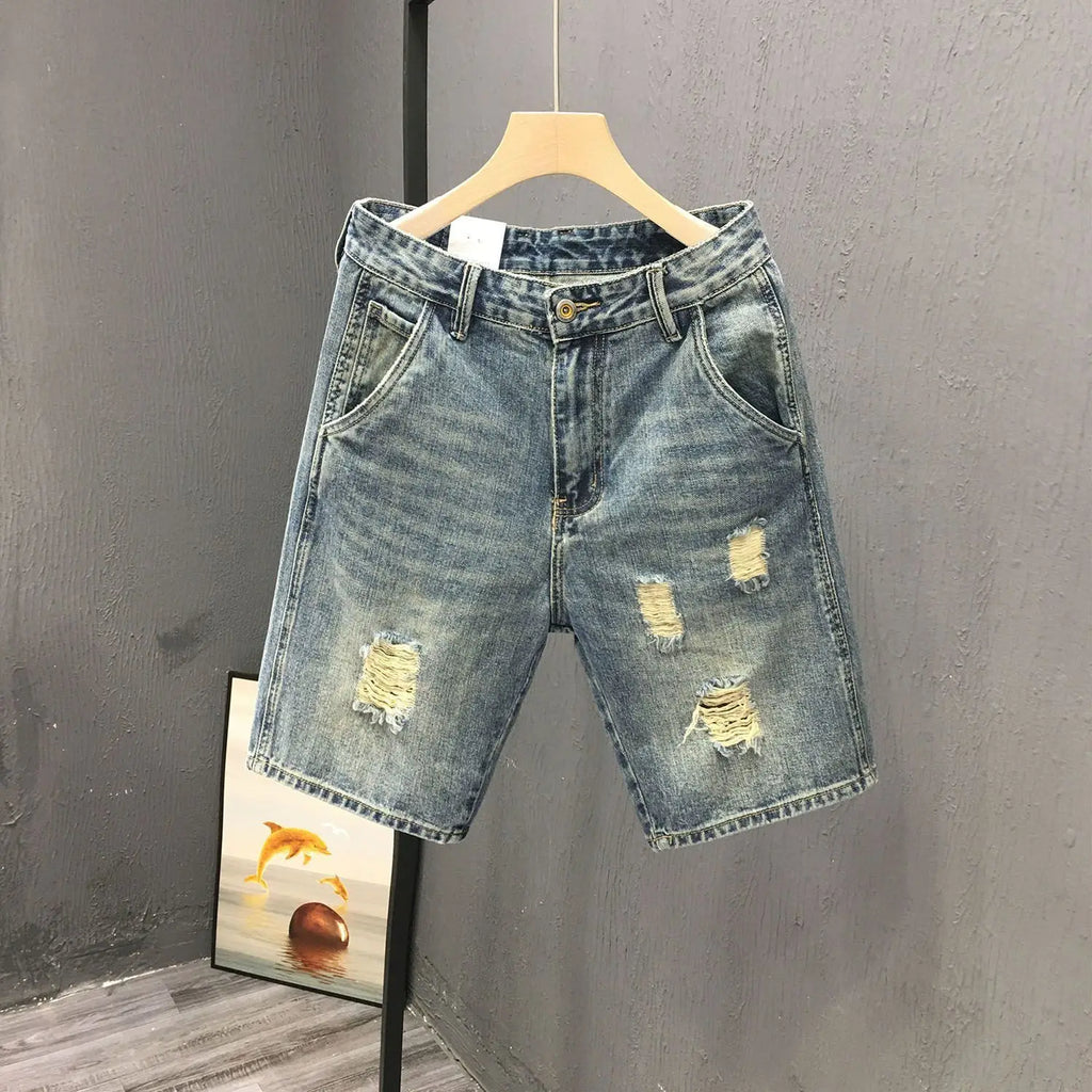 2026 Men Denim Shorts Summer New Style Thin Section Elastic Force Slim Fit Short Jeans Male Brand Clothing Light Blue Retro Blue