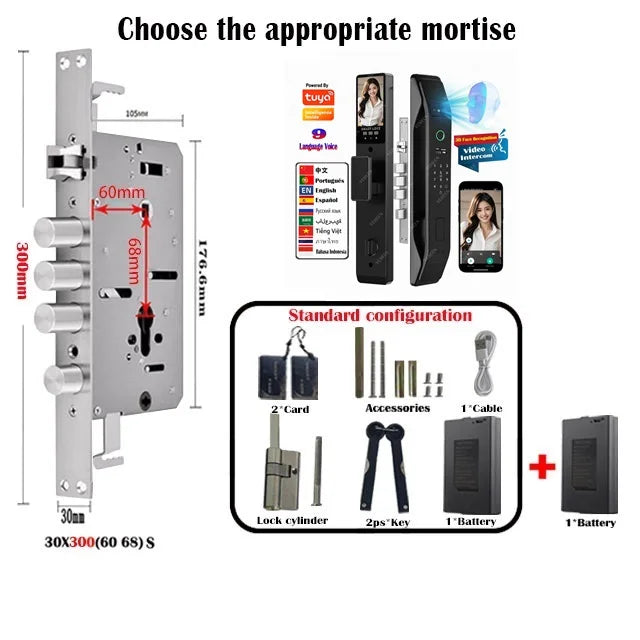 Tuya Wifi App Face Polyglot Electronic Door Lock Fingerprint Recognition Password Smart Digital Lock Key Card 6068 Mortise Lock