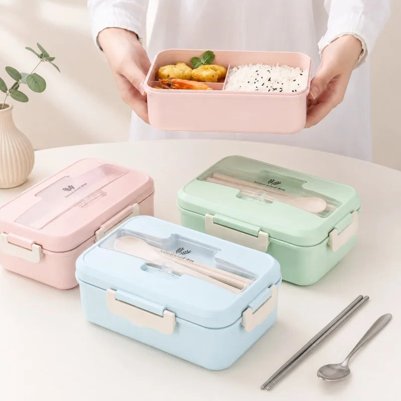 Wheat Straw Lunch Box Microwave‑Safe Portable Bento Box with Tableware Food Storage Container for Kids School Office