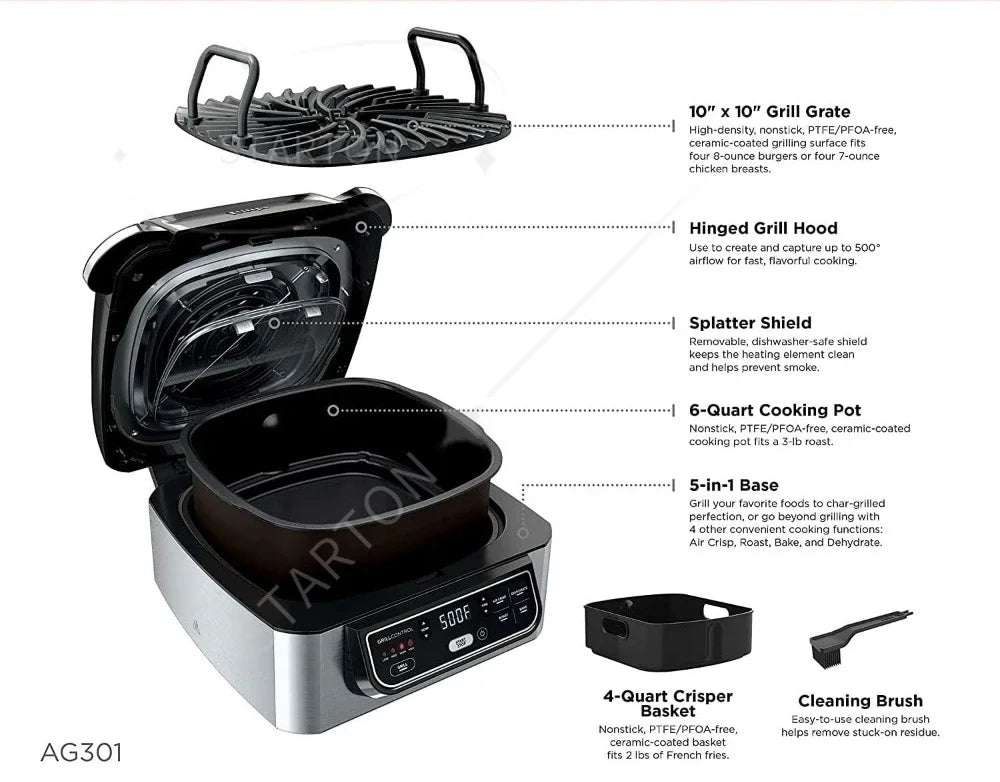 5-in-1 Indoor Electric Grill for Air Fryer Roast Bake Dehydrate Programmable Kitchen Appliance for Home Cooking Black Silver