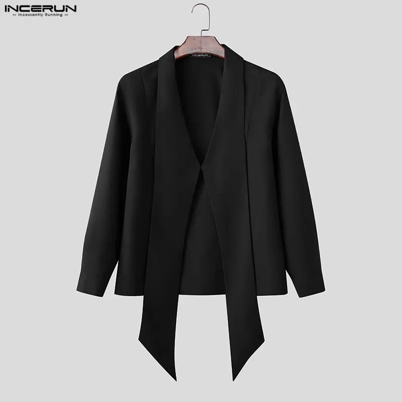 INCERUN Men's Shirt Solid Color Deep V Neck Long Sleeve Men's Clothes Tops With Belt Streetwear 2026 Fashion Camisas Masculina
