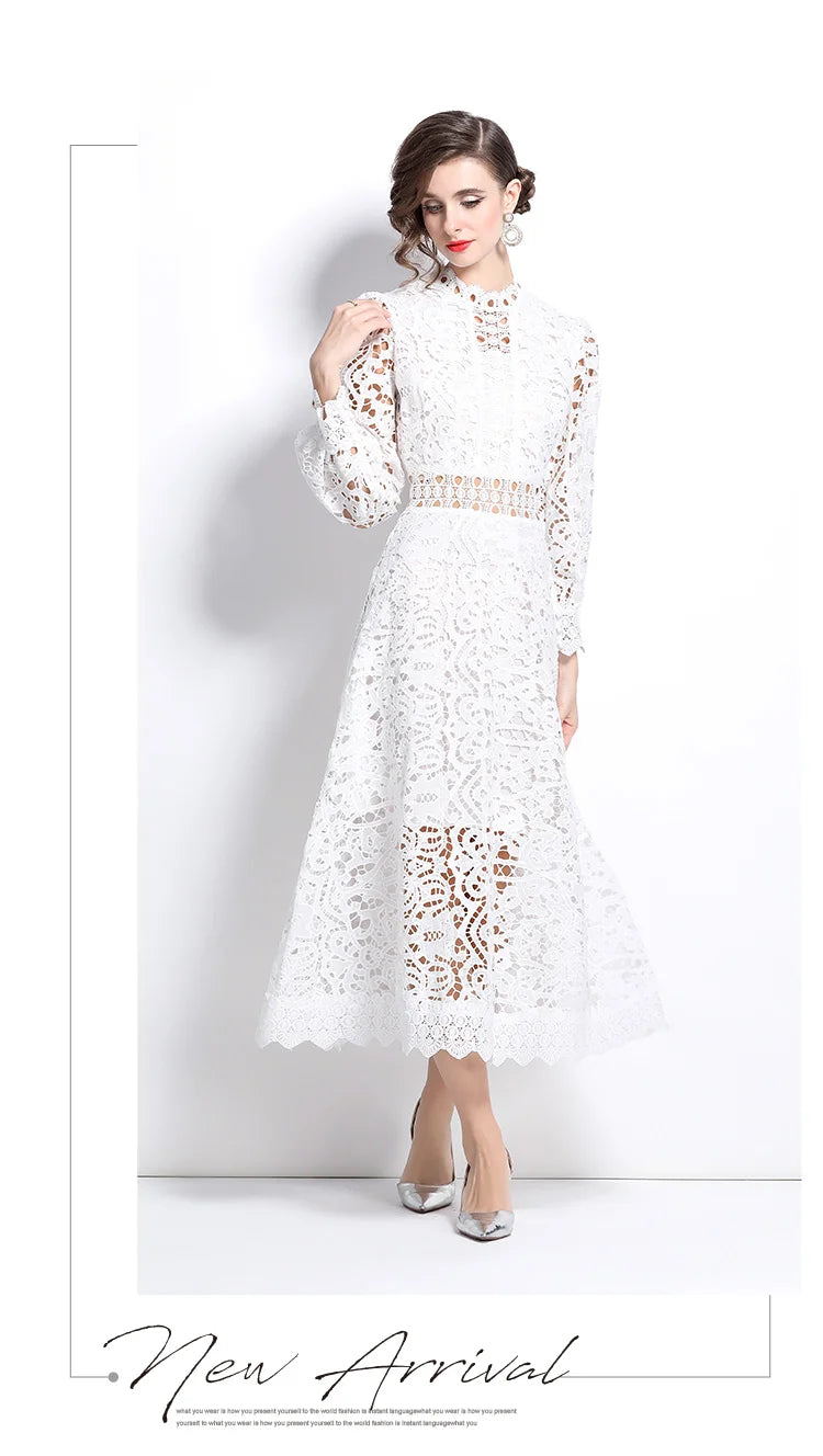 Solid Lace Holloe Out Slimming Elegant Dresses For Women Stand Collar Long Sleeve High Waist Minimalist Dress Female Fashion