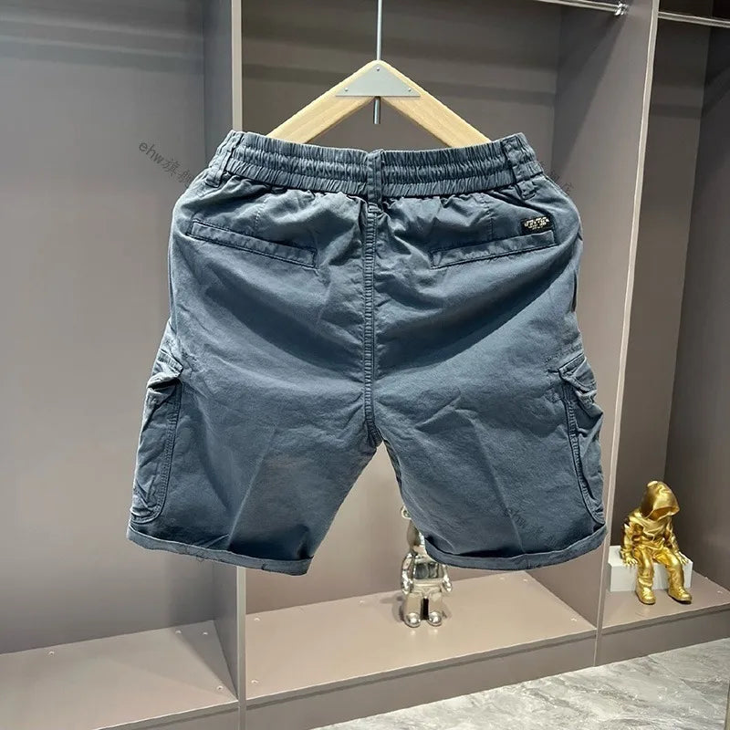 Summer Men's Drawstring Elastic Waist Cargo Shorts Casual Multi-Pocket Loose Elastic Cotton Five-Point Mid-Length Short Pants