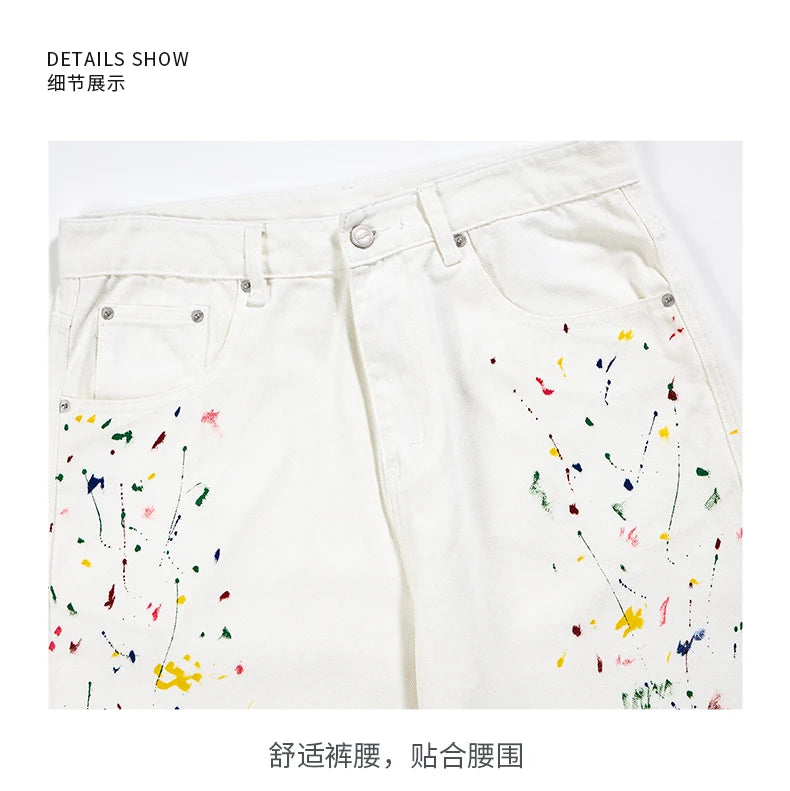 Men's Color Ink White Denim Jeans Cityboy Streetwear Fashion Hip Hop Loose Casual Wide Leg Baggy Jeans Y2k Pants