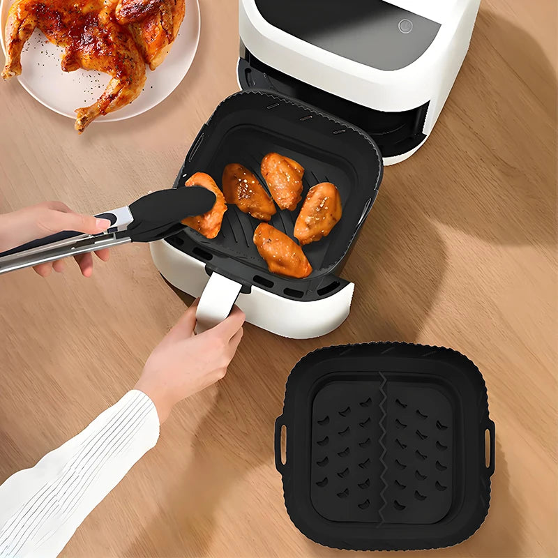 Square Silicone Air Fryer Liner with Divider Non-Stick Easy to Clean Dishwasher Safe Food Riser Holder