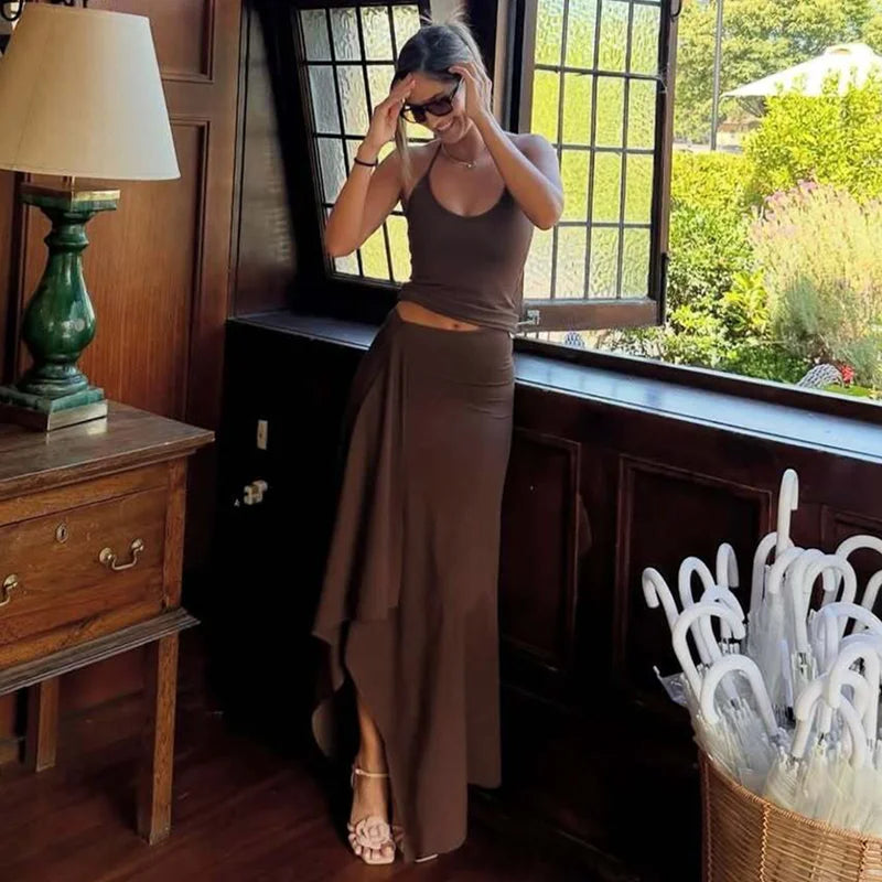 Hugcitar Fashion 2 Pcs Sets Halter Solid Backless Lace Up Sexy Crop Tank Top Ruched Maxi Skirt Women Outfit Beach Vacation Sport