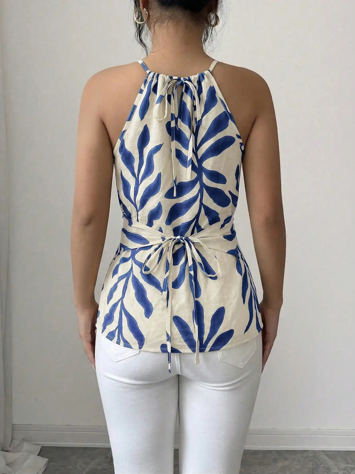 Green Leaf Print Halter Tank Top Women Back Tie Sleeveless Wrap Front Slim Summer Beach Camisole