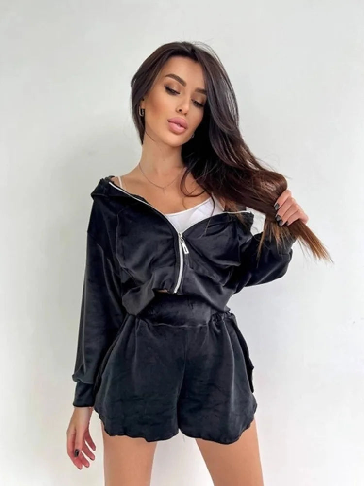2025 Casual Women's Wear, Zipper Cardigan Long Sleeve Drawstring and Shorts Set, Hoodie Fashion Split Shorts Two-Piece Set