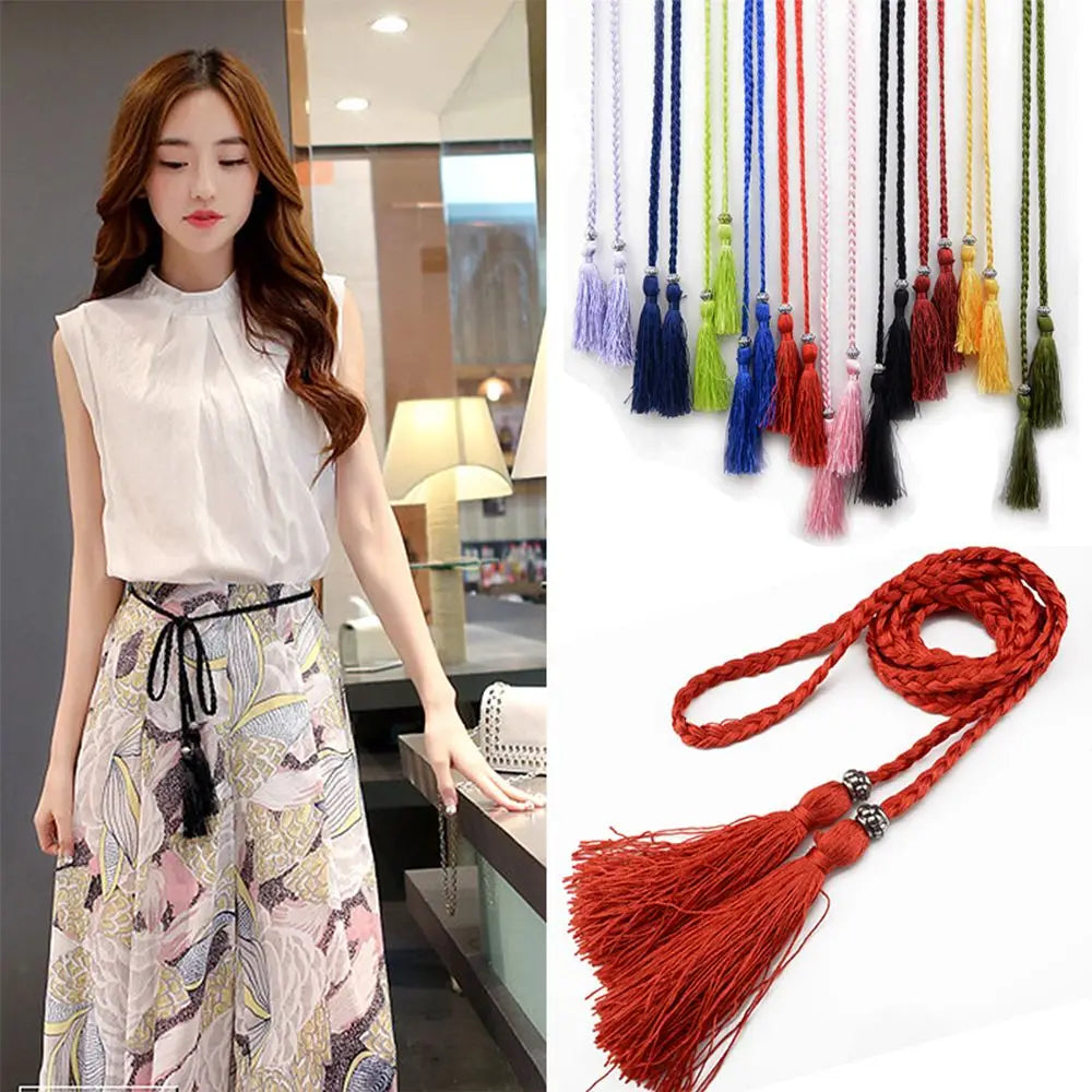 160cm Thin Bow Tassle Dress Woven Rope Tassles Belts Waist Chain Braided Belts Waist Rope