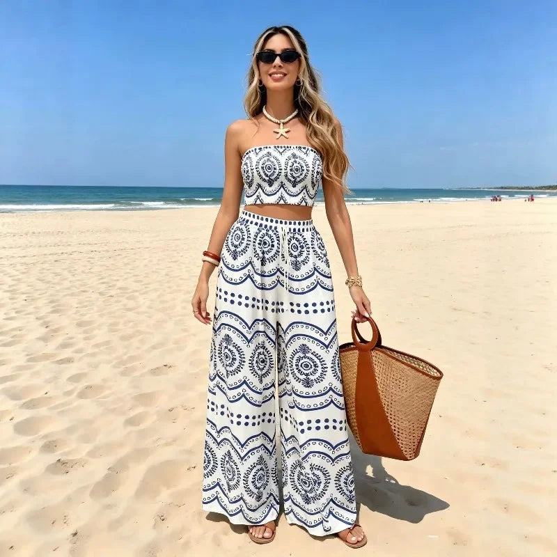 New Bohemian Vacation Plant Print Bandeau Wide Leg Pants, Fashion Two Piece Outfit