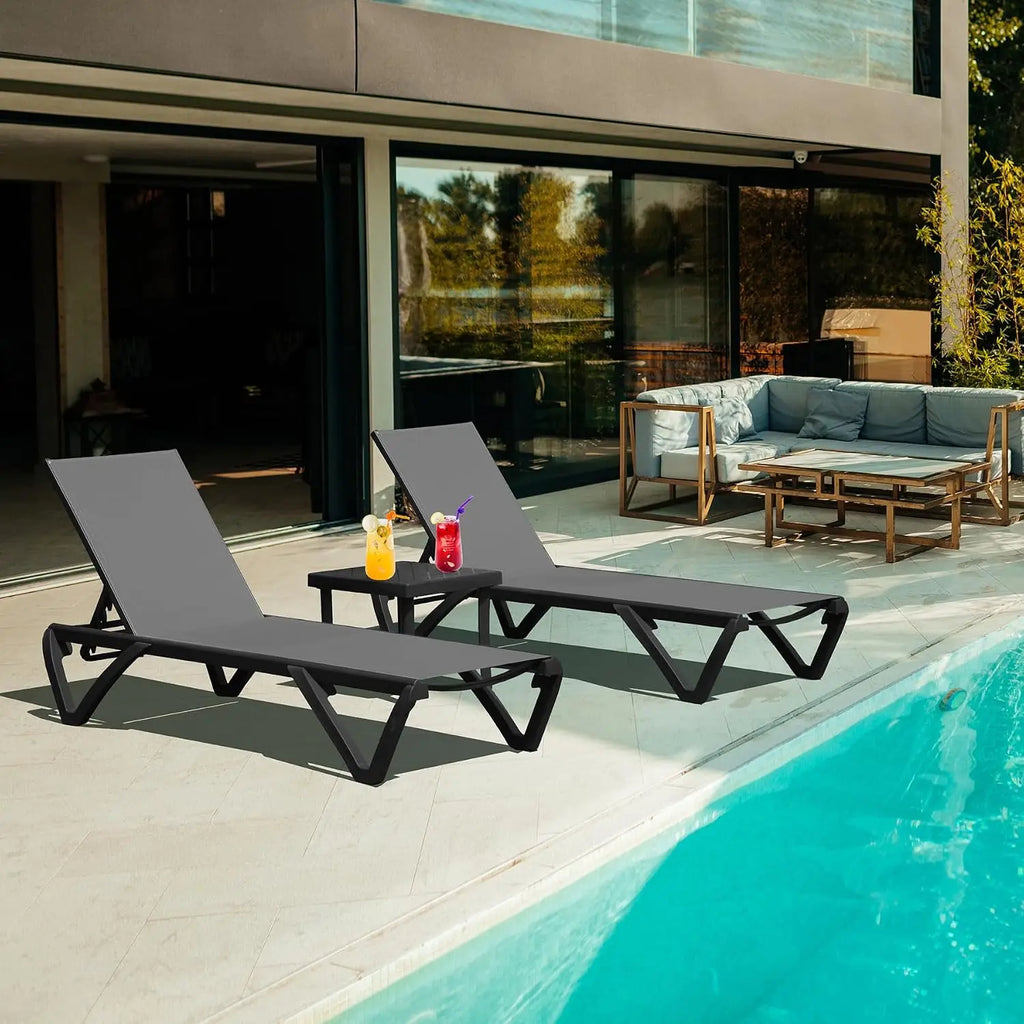 Aluminum Outdoor Chaise Lounge Set 2 with Table Wheels Adjustable Textilene All Weather Poolside Patio Deck, Customized
