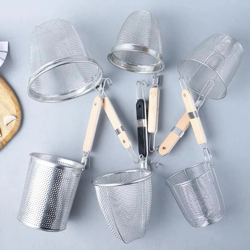 Durable Thickened Stainless Steel Funnel Kitchen Gadgets Wooden Handle Pasta Basket Strainer Multifunctional Noodle Funnel