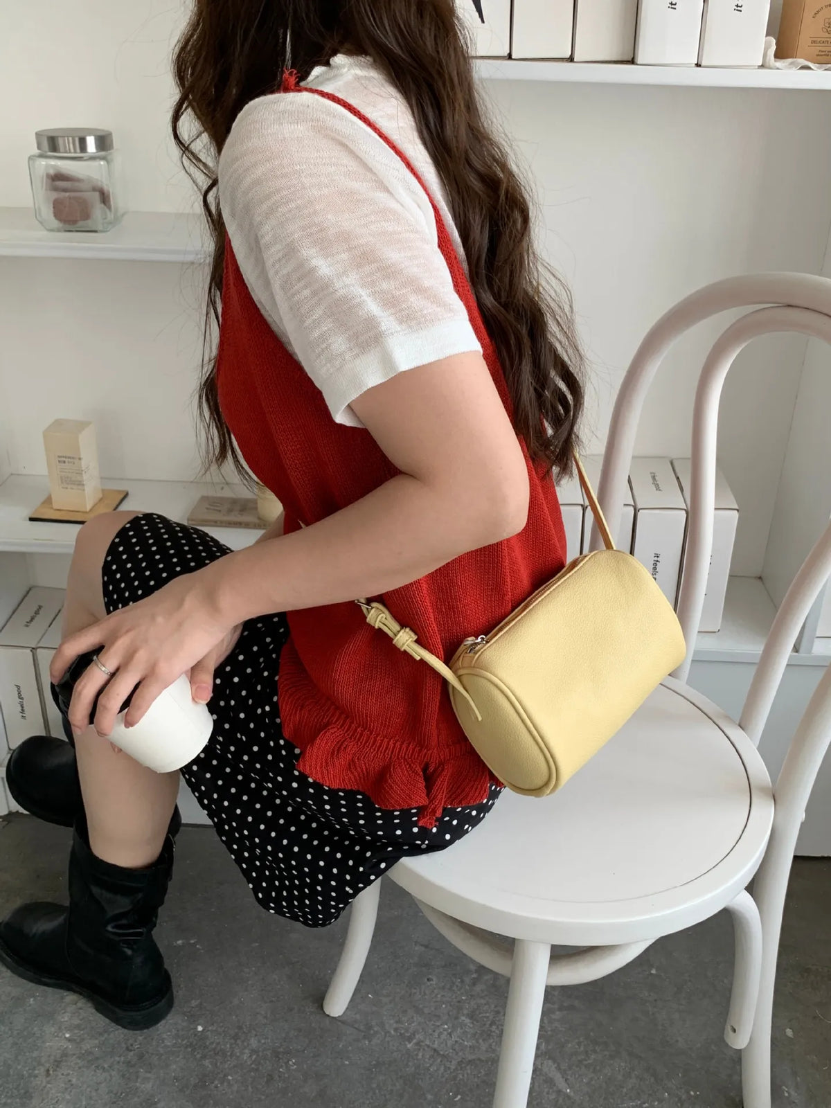 2026 New Women Lychee Pattern Small Pillow Bag Summer Fashion Boston Handbag Single Shoulder Crossbody Bag Small Bag Red Yellow