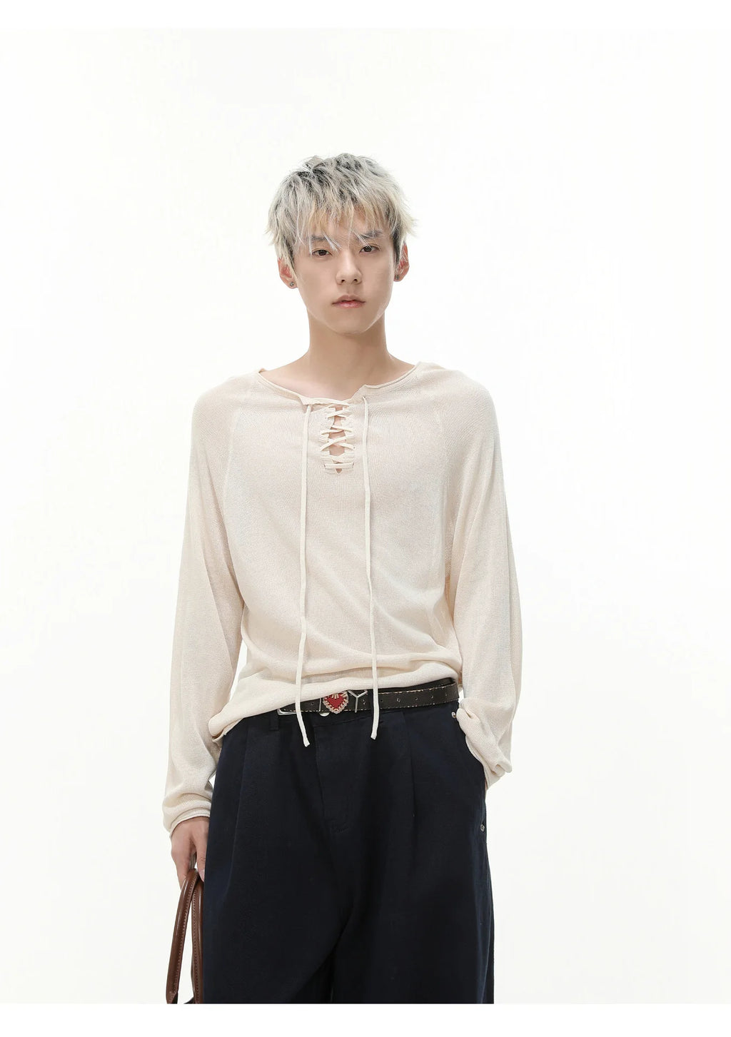 IEFB Niche Design Men's Tees Long Sleeved Round Collar Lace-up Solid Color Simple Tops Loose Pullover Male Tees Autumn 9X533