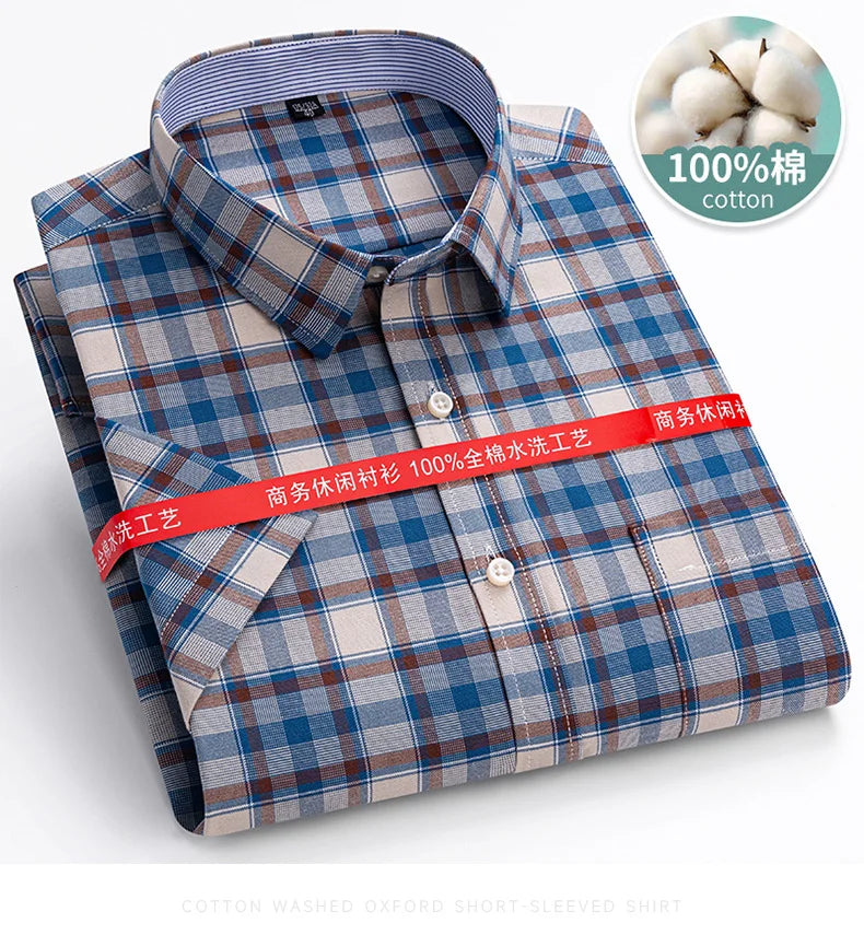 100%Pure Cotton Oxford Men's Shirts Short Sleeve Plaid Soft Regular Fit Formal Dress Shirt Social Blouse Male Clothes 6XL 7XL