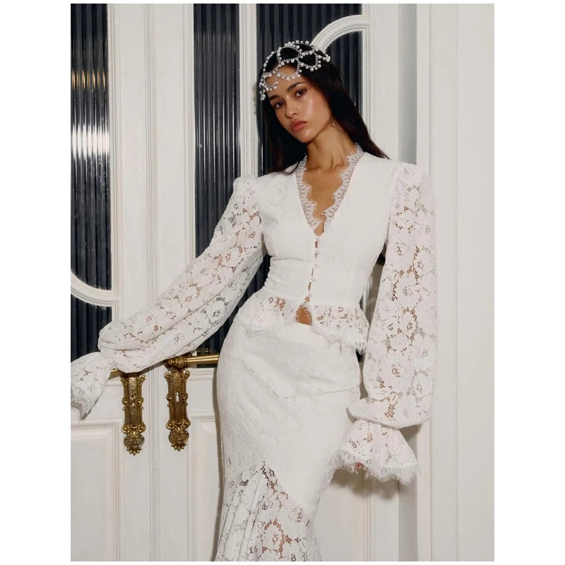 Women's Elegant Lace Up Flared Sleeve Long Dress Fashion Hollow Out Off Shoulder Bodycon Vestidos 2024 Lady New Beach Partywear