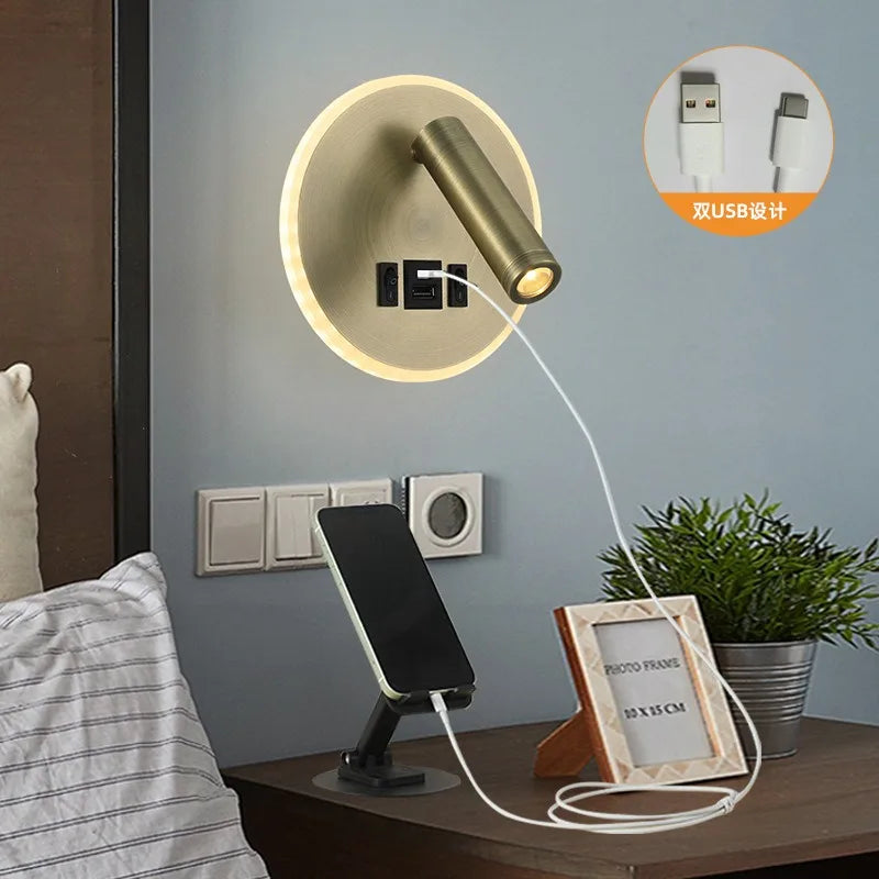 Modern Versatile LED Wall Sconce Lamp with Dual USB Ports Adjustable Side Reading Lights Modern Bedrooms Bedside Lamp