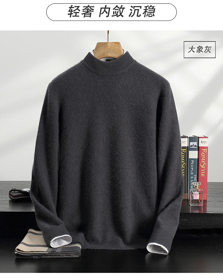 Autumn/Winter Men's 100% Cashmere Pullover Business Casual Solid Knitted Sweater Loose Half High Neck Tops Thick Warm Jumper
