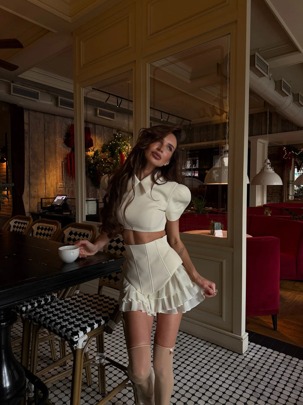 Trendy White 2 Piece Outfit for Women Puff Sleeve Crop Top & Ruffled A-line Skirt Sexy Bodycon Dress Club Party Date Night Look