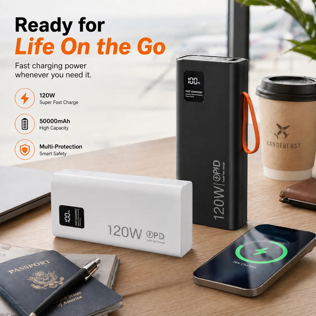 120W PD Power Bank 50000mAh Portable Charger(Built-in Cables), LED Display, Fast Charging Battery for Phone Tablet USB-C Devices