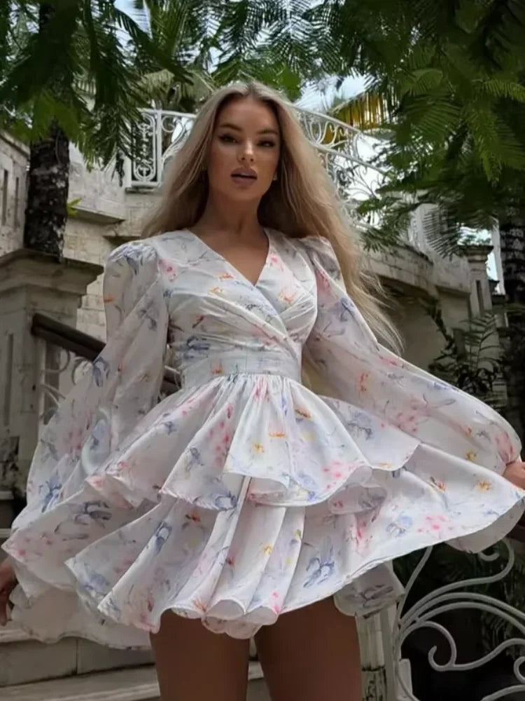 Floral Print Long Sleeve Women's Dress V Neck Puff Long Sleeve Wrap Waist Tiered Ruffle Mini Dresses Wedding Party Summer Robes