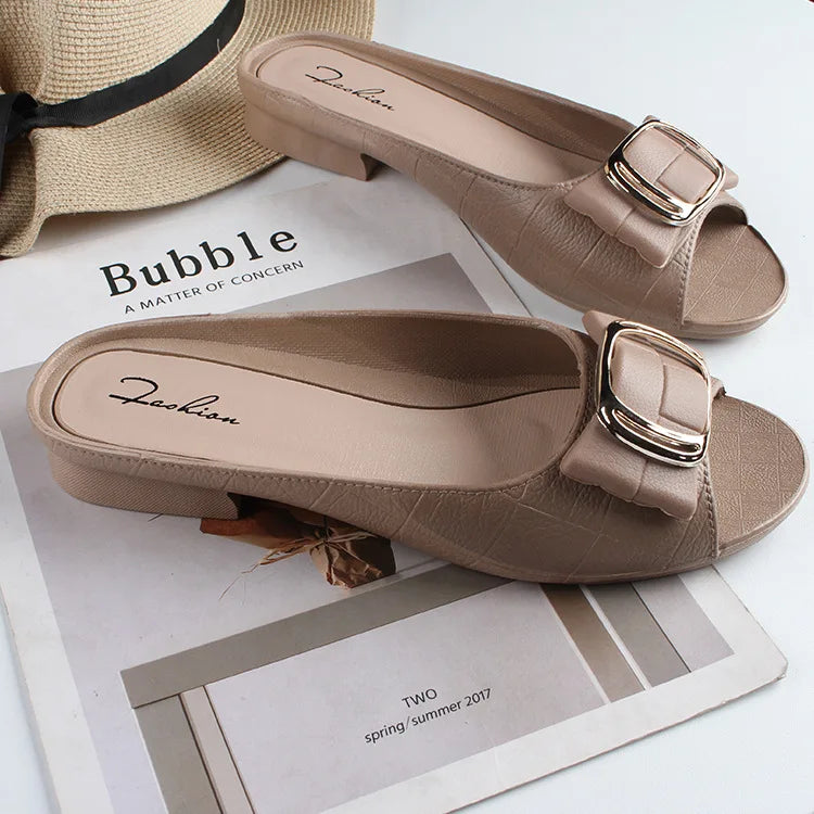 Summer Women Square Buckle Open-Toe Slippers Single Strap Flat Sandals Lady Solid Color Outdoor Beach Shoes Adult Casual Sandals
