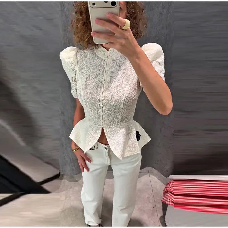 Lace Cutout Peplum Jacket Stand Collar Puff Sleeve Button Front Waist Cinched 2026 Summer Autumn Fashion Women Elegant Top