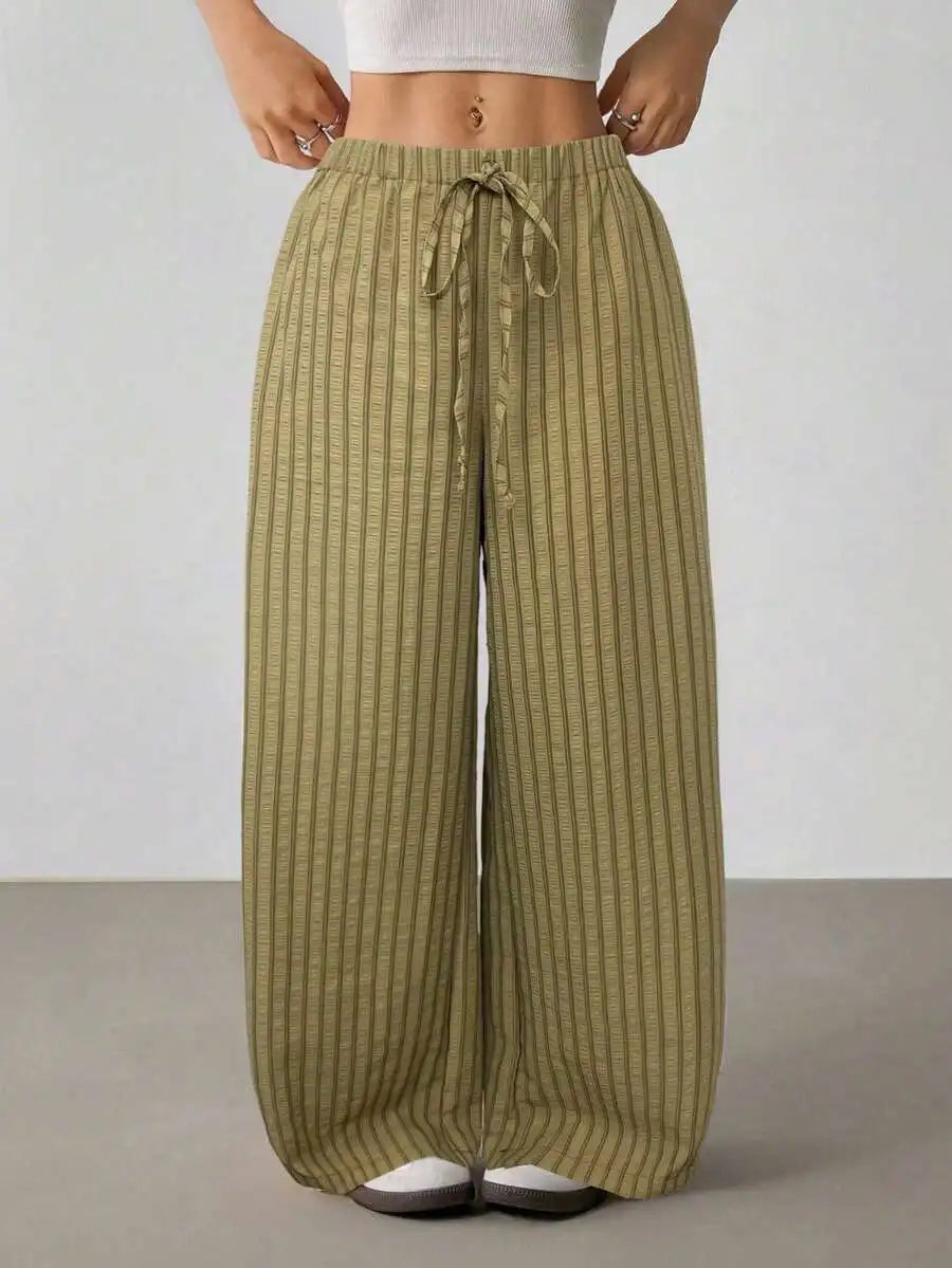 Women's Casual Striped Wide-Leg Pants   Summer Commute Fashion Drawstring Elastic Waist  Versatile Relaxed Straight Leg Trousers