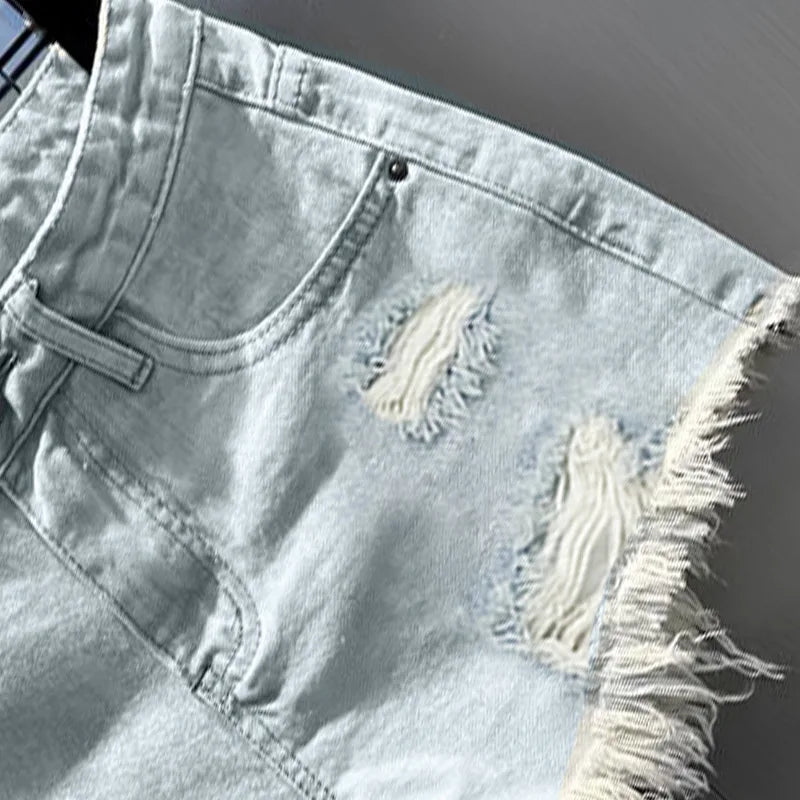 Retro Irregular Old Ripped Denim Shorts Women's Summer Low Waist Design Jeans Hot Pants Sky Blue