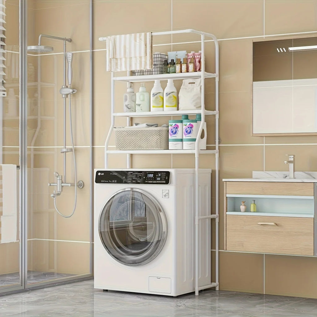 Multi-Layer Metal Storage Rack for Bathroom & Balcony, Washing Machine Shelf with Toilet Paper Holder, Space-Saving Organizer