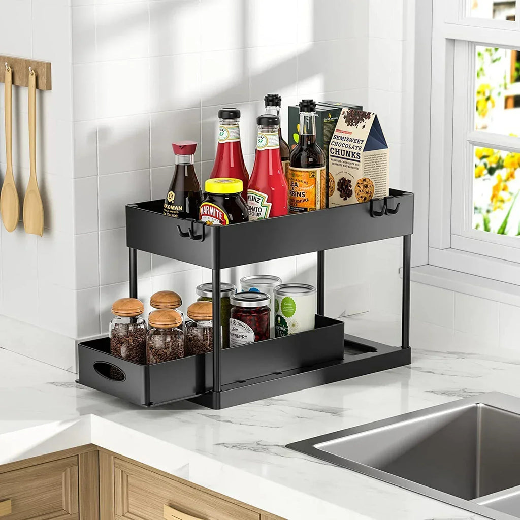 Kitchen Bathroom Under Sink Organizer 2-Tier Sliding Storage Basket Multipurpose Shelf with Hanging Cup and Hook Accessories